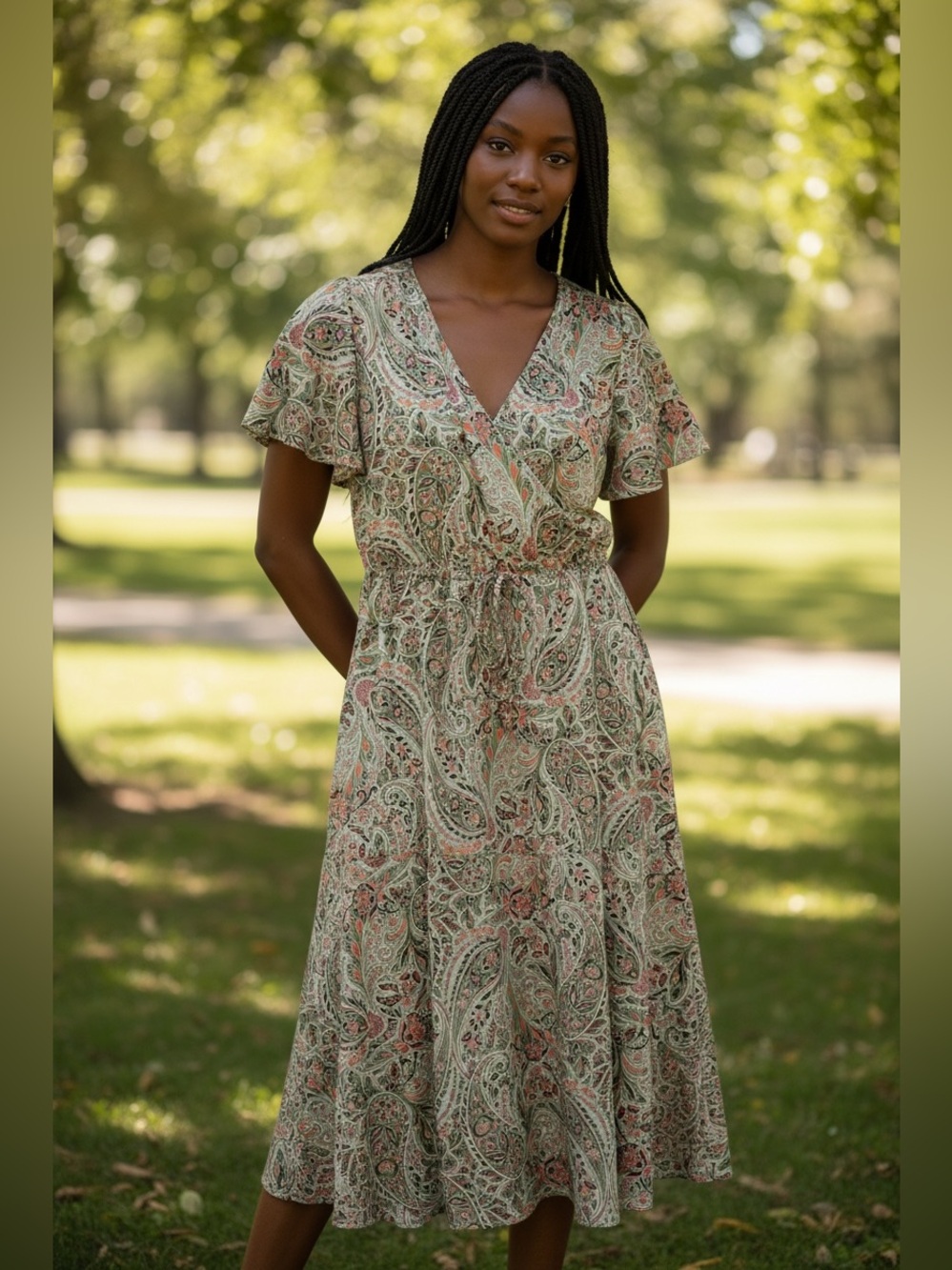 LOFT Sage Green Multi Paisley Faux Wrap Midi Dress Size XSP NWTS